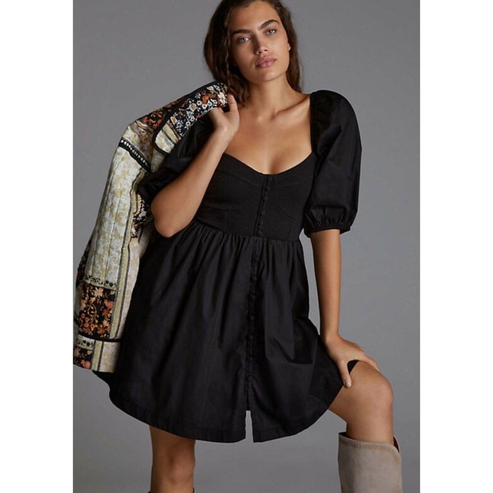 Maeve Mini Dress Womens Small Black Excellent Puff Sleeve Button Up